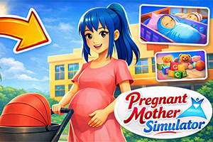 Pregnant woman in a pink dress standing beside a stroller in front of a colorful school building with baby-themed inset images