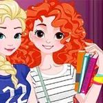 A digital illustration featuring two young women with blonde and curly red hair, smiling together in a colorful room decorated with books and accessories