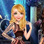 A colorful illustration featuring two fashionable animated girls, one with blonde hair in a black outfit and the other with long dark hair in a vibrant, bohemian-style ensemble, set against an enchanting background