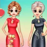 Two animated female characters in elegant traditional dresses (a red cheongsam with floral design and a black cheongsam with decorative embroidery) stand side by side against a vibrant pastel background with decorative elements like a lantern and clouds