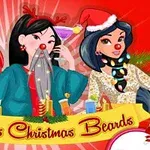 Three animated princesses celebrate Christmas, each adorned with festive beards made of decorations, while holding cocktails, set against a bright red background with a playful Princess Christmas Beards banner