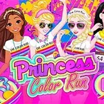 The image features four animated princesses dressed in colorful athletic attire, promoting a Princess Color Run event against a vibrant pink background filled with splashes of color