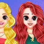 A vibrant illustration featuring two animated characters: one with long, curly blonde hair wearing a red dress and the other with long, wavy red hair in a green top, both with large expressive eyes against a colorful background