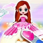 A cartoon girl with long brown hair is wearing a pink dress and sitting on top of a cake, surrounded by colorful swirls and sparkles in a whimsical background