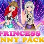 The image features four animated princesses showcasing colorful fanny packs against a vibrant background with sparkling lights, emphasizing a fun and fashionable theme