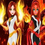 Two animated female characters with long hair, one in a white costume and the other in a black costume, are showcasing fire magic with flames in their hands against a fiery background