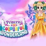 A vibrant illustration featuring two princesses with colorful hairstyles and dresses, set against a whimsical pastel background, titled Princess in Colourful Wonderland