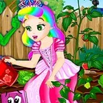 A colorful garden scene featuring a princess in a pink dress watering plants, accompanied by a cartoonish green creature, with a wooden fence and various plants in the background