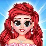 A cute animated character with vibrant red hair, large eyes, and wearing elegant earrings and a pink dress, set against a bright blue background