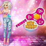 The image features two fashionable girls posing with fidget spinners against a colorful, sparkly background, promoting a theme called Prince New Hobby