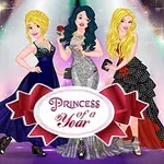 Three fashionable princesses stand together in elegant dresses, showcasing different styles, with a central banner reading Princess of a Year against a sparkling, colorful background