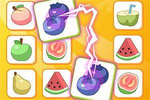 Colorful puzzle board with fruit tiles and matching purple potion bottles connected by a bright lightning bolt