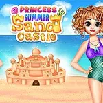 A vibrant beach scene featuring two princesses in swimsuits beside a large sandcastle, with a bright blue sea and sky in the background, showcasing a fun summer theme