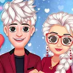 A cartoon couple with light hair, the boy in a red jacket and the girl in a red top and glasses, against a colorful, heart-themed background