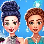 The image features two stylized young women with glamorous hairstyles and elegant outfits against a snowy background, alongside ice skates, evoking a fun winter theme