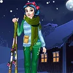 A cheerful young woman in winter attire holds skis, standing beside a snow-covered cabin under a bright moonlit sky
