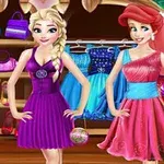 Elsa and Ariel are posing together in a colorful boutique filled with dresses, shoes, and handbags, showcasing their stylish outfits