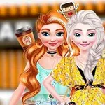 Two animated female characters stand smiling in front of a coffee shop, holding oversized coffee cups, with playful, cartoonish coffee characters above their heads, showcasing a vibrant and cheerful atmosphere