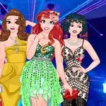 A colorful illustration of four princesses dressed in glamorous party outfits, showcasing a vibrant atmosphere with laser lights in the background