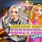 The image features two princess characters, one with silver hair and the other with long blonde hair, styled in sparkling outfits, set against a glamorous Parisian background, with the text Princesses Paris Shopping Spree prominently displayed