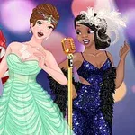 Three animated princesses stand together singing: a red-haired girl in a striped shirt and jeans, a brunette in a mint green gown, and a dark-haired woman in a black feathery dress, with a microphone in the background and colorful bokeh