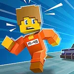 A blocky character dressed in an orange jumpsuit runs away from a police car on a colorful, stylized background