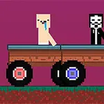 Two pixelated characters, one nude and one wearing a mask and a suit, are driving a wooden cart with large wheels against a vibrant purple background adorned with green vines