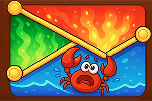 A cartoon crab with a worried expression is positioned in water, surrounded by vibrant green and red triangular shapes representing contrasting elements, with a colorful gradient background