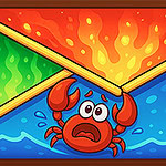 A cartoon crab with a worried expression is positioned in water, surrounded by vibrant green and red triangular shapes representing contrasting elements, with a colorful gradient background