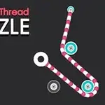 A stylized game interface featuring the title Pull The Thread PUZZLE against a black background, with a winding pink and white thread leading to circular elements