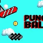 A vibrant pixel-art scene featuring blue sky, fluffy clouds, and the title PUNCH BALL in bold red letters, accompanied by a golden coin and a striped red object above