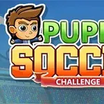 The image features a colorful logo for Puppet Soccer Challenge, depicting a cartoon character with spiky hair and an exaggerated facial expression, set against a stadium background