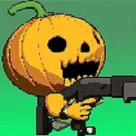 A cartoonish pumpkin character with a skull-like face holds a gun, set against a green background