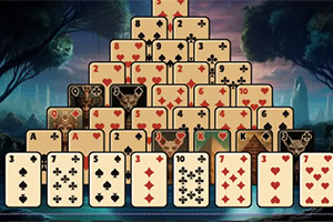A pyramid arrangement of playing cards featuring hearts, diamonds, spades, and clubs against a backdrop of stylized trees and a mystical landscape