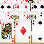 A scattered arrangement of playing cards featuring various suits including hearts, diamonds, and spades, with face cards and numbered cards prominently displayed