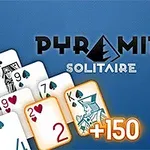 An image showcasing the title Pyramid Solitaire with a stylized logo, featuring playing cards positioned in a pyramid arrangement and a score indicator showing +150 in vibrant colors