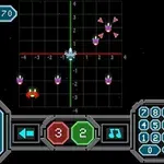 A retro-style space shooter game screen featuring a grid with enemy ships, a player ship at the bottom, and control buttons displaying hull integrity and score