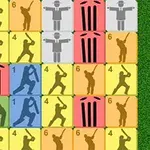 A grid of colored tiles featuring silhouettes of cricket players, umpires, and wickets, with numbers on some tiles, all set against a green grass background