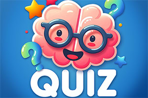 Cartoon brain with glasses, question marks, and the word QUIZ on a blue background