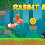 A colorful video game scene featuring Rabbit Ben jumping over platforms, collecting a coin, and avoiding a spiky creature in a lush forest background