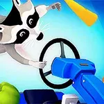 A playful cartoon raccoon leaps toward a colorful steering wheel, surrounded by vibrant objects like a crab and vegetables, set against a bright blue background