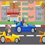 A vibrant cartoon scene featuring two colorful go-karts racing on a city street, with buildings, a striped awning, and a red telephone booth in the background