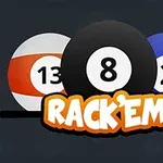 The image features three billiard balls, including the black 8-ball, a striped 13-ball, and a solid blue 2-ball, accompanied by the text RACKEM in bold, orange lettering