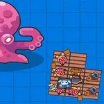 A cute pink octopus with cartoonish features stands near a wooden raft filled with various items like fruits, tools, and treasure, set against a blue grid background