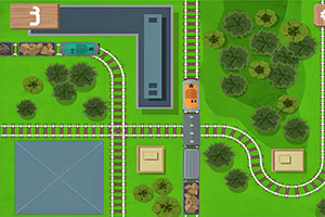 A top-down view of a colorful cartoon-style landscape featuring a train track, a building, trees, and a road with an orange vehicle