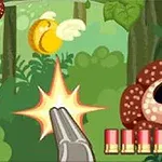 A cartoonish scene featuring a playful dog wearing a cowboy hat, a pig, and a tree with round, donut-like creatures, where a gun is aimed at flying coins in a vibrant forest background