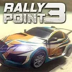 A vibrant racing car with a colorful design is depicted in a sandy environment, alongside the text RALLY POINT 3 prominently displayed at the top, suggesting its related to a video game