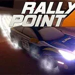 The image features a sleek, stylized rally car with glowing headlights, set against a blurred cityscape background, accompanied by the bold title Rally Point 4