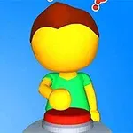 A cartoonish character with a yellow face and brown hair is pondering while about to press a large red button, set against a blue background