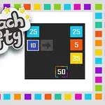 The image features a colorful frame with the title Reach Fifty at the top and various numbered boxes (10, 25, 5, 35) on a black background, showing a visual puzzle where the goal is to combine numbers to total